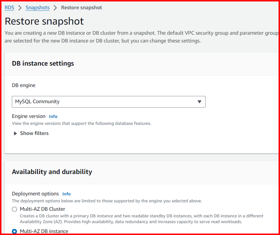 Picture showing the Restore snapshot screen for creating an RDS instance using snapshot